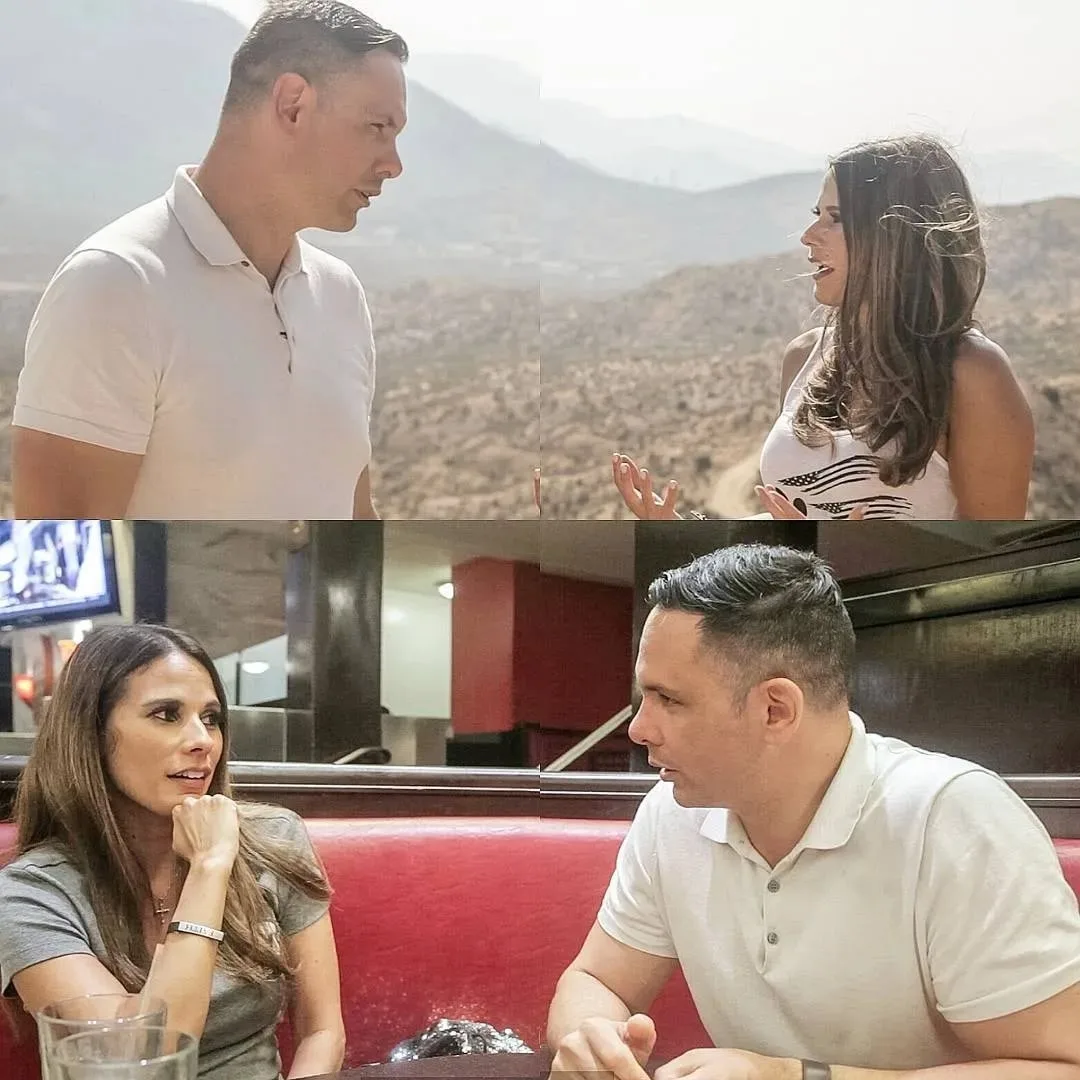 Four frames of Shane James in conversation, on a desert road and in a diner booth
