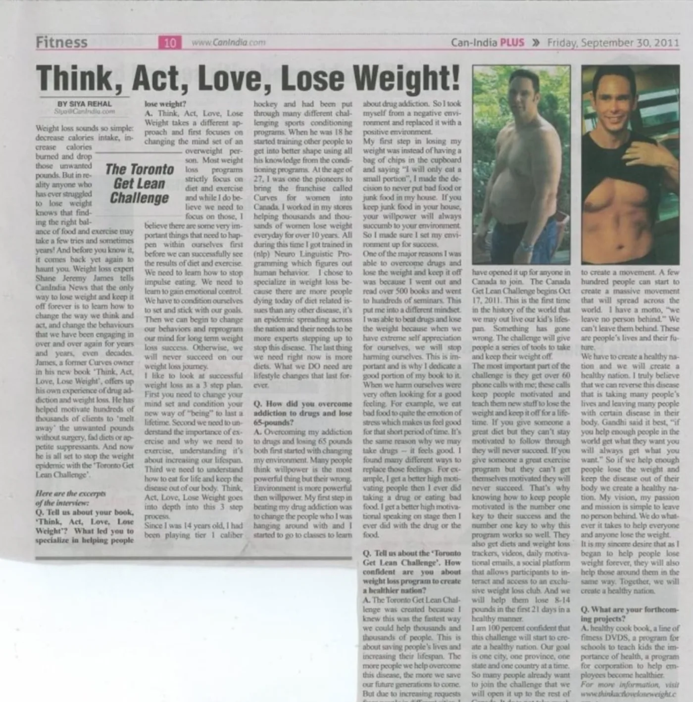 CanIndia Plus newspaper interview headlined Think, Act, Love, Lose Weight!