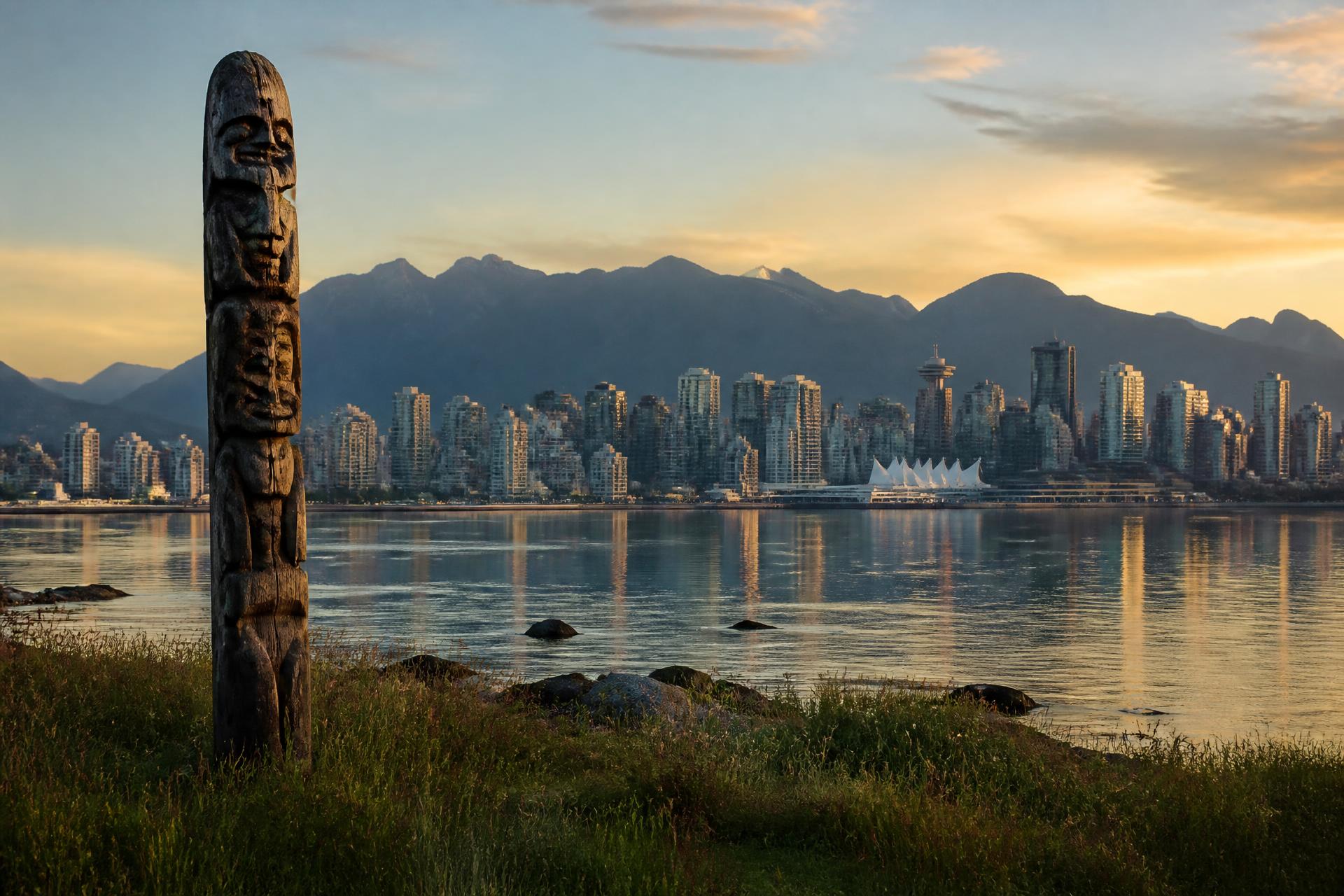 Vancouver skyline across the harbour at golden hour with the North Shore mountains and a totem pole in the foreground