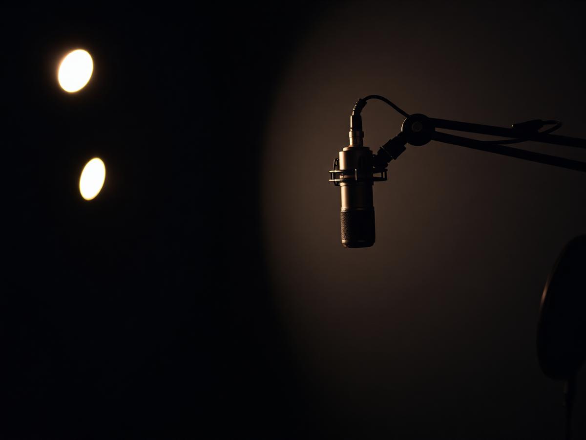 Studio condenser microphone lit in a dark recording room