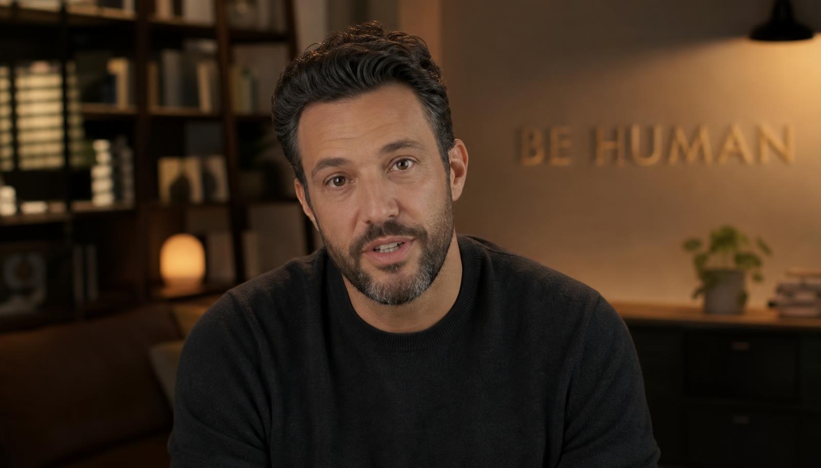 Shane speaking directly to camera in a warmly lit room with BE HUMAN lettering on the wall